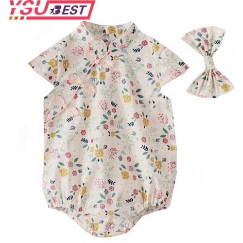2020 Summer Baby Girl Bodysuits Chinese Style Cheongsam Floral Baby Cotton Sleeveless Leotard Crawling Clothes + Bow Hair Band