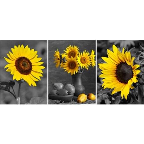 Sunflower 3 Pieces Diamond Painting Cros Stitch Full Square Still Life Diamond Mosaic Kit Puzzle Black and White Wall Decoration