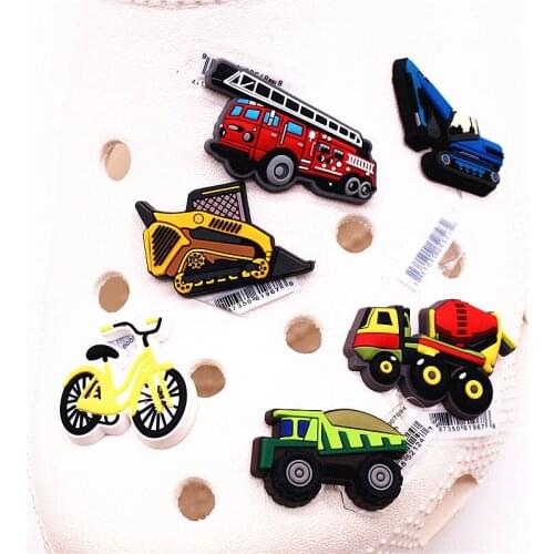 Original Excavator Bulldozer Shoe Accessories Charms Bike Fire Mixer Truck PVC Shoe Buckle for croc jibz Kids X-mas Party Gifts