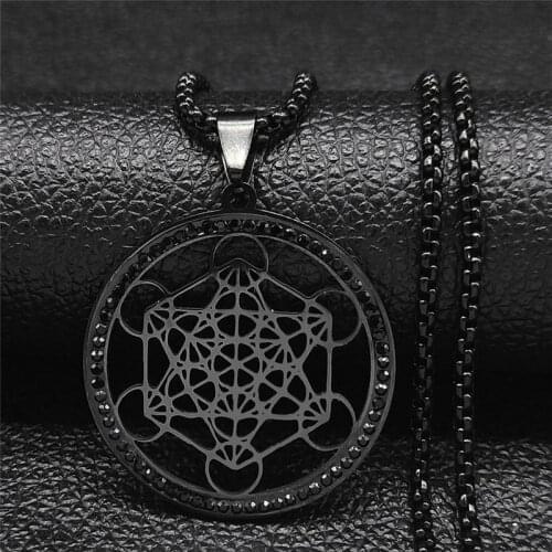 Black Crystal Stainless Steel Flower of Life Yoga Chian Necklace Women Black Color Round Necklaces Jewelry colgante N48348S03