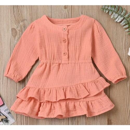 Baby Girl Dress, High-Waist Midi, Long Sleeve Round Collar Princess Buttons Layered Flouncing Skirt