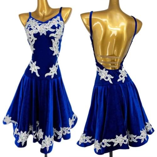 Latin Dance Blue Velvet Dress Adult Performance Clothing Girls Latin Practice Wear Embroidery Ballroom Dancing Costumes BL6594