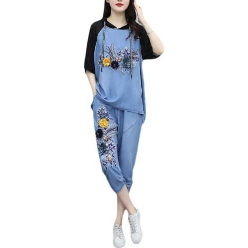 Blue Denim Suit Plus Size Women Cowboy 2 Piece Set 2021 Summer Outfits Floral Embroidery Top and Pant Suits Loose Casual Clothes