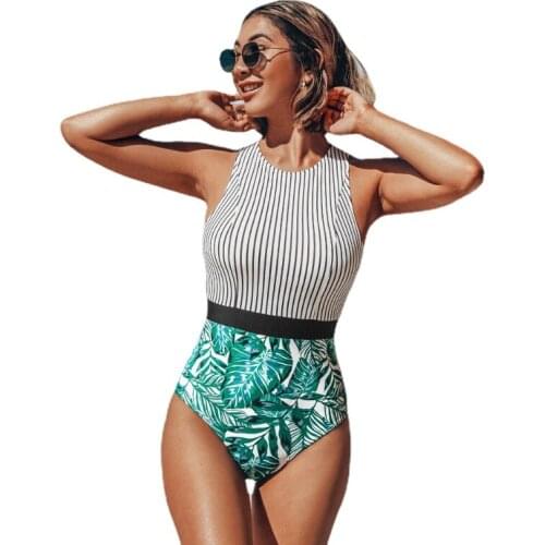 Black Stripe and Green Leaves One-piece Swimsuit Women Sexy Cut Swimsuit 2021 New Girls Beach Swimsuit
