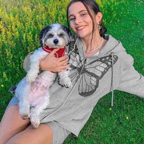 Zip Up Butterfly Y2K Hoodies Kawaii Sweatshirt Clothes Coat Sweatshirts Gothic hooded Pockets E-girl Rhinestone Oversized Punk