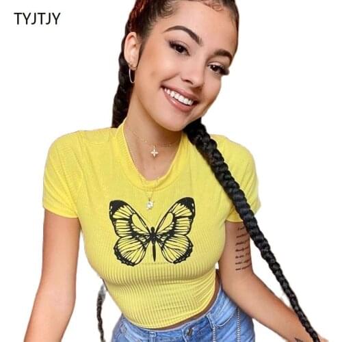 TYJTJY Harajuku Y2K Women O Neck Short Sleeve Knitted Yellow Casual Crop T Shirt Tops Summer Sexy 2021 Butterfly Basic Tees