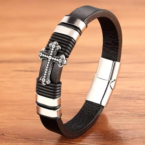 TYO Cross Pattern Stainless Steel Black Color Genuine Leather Bracelet Merge Bangle Accessories Jewelry For Men