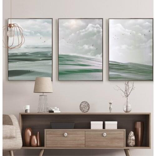 Green Desert Sun Birds Posters and Prints Nordic Landscape Wall Art Abstract Canvas Painting Pictures for Living Room Home Decor