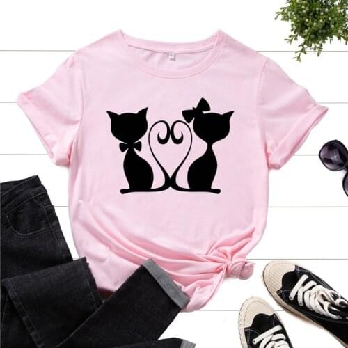 Women T Shirt Summer Cotton 100% Short Sleeve Black Cat Love Print Female Casual Graphic T-shirts Vintage Regular O-Neck Tee Top
