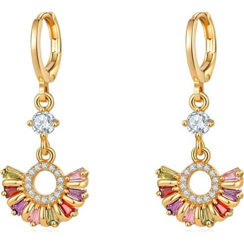 Hainon Anniversary Multicolor Zircon Fan Water Drop Wedding Party Fashion Gold Color Jewelry Women Long Dangle Earrings