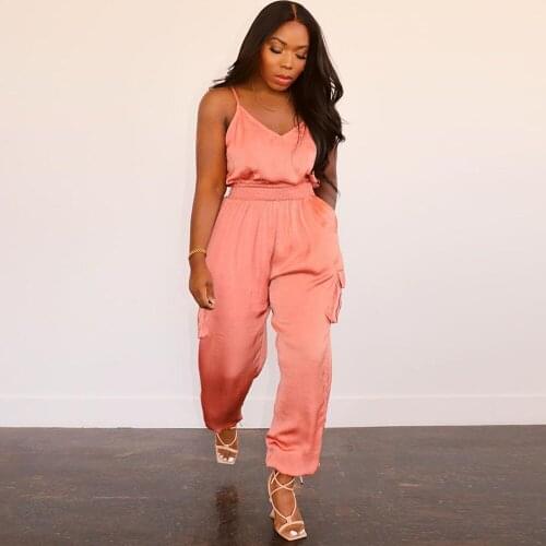 Pink/blue Elastic Waist Rompers Womens Jumpsuit Deep V Neck Sleeveless One Piece Overalls Moto Biker Side Pockets Loose Outfit
