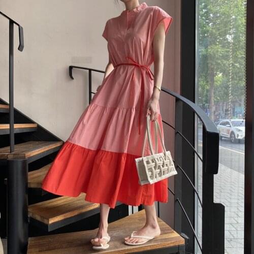 Womens Spring Summer Fashion Designer Contrast Color Patchwork Long Cotton Dress Female Chic Casual Loose Dress TB626