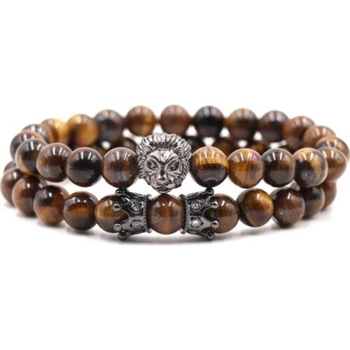 2pcs/set Charm 8mm Natural Tiger eye stone bead Bracelets Bangle Pave CZ 4 color Flower crown bracelet for Men&Women DIY Jewelry