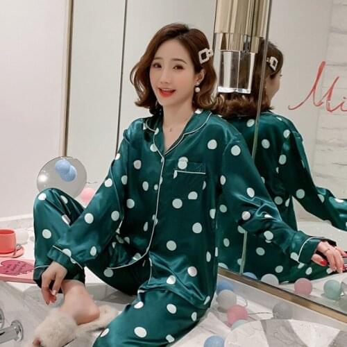 2020 Summer Autumn Long Sleeve Silk Satin Pajama Sets Women Polka Dot Sleepwear Suit Pyjamas Homewear Pijama Mujer Home Clothes
