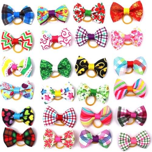 50PCS Handmade Mix Style Puppy Dog Hair Bows Rubber Bands Pet Bows For Small Dog
