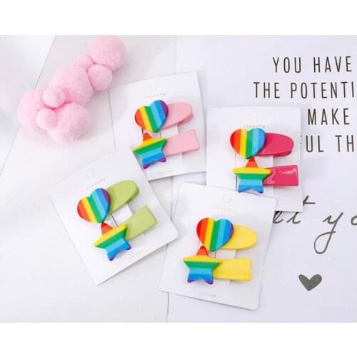 60set/lot 2pcs/set Rainbow Five-pointed Star Loving Hearts Hair Duck Clip Bang Hairpins Hair Styling Tools Accessories HA1174