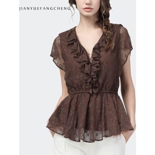 Fashion Hook Flower Hollow Out Lace Top Ladies Spring Summer V-Neck Slim Short Sleeve Ruffles Blouses Brown Elastic Spliced Tops
