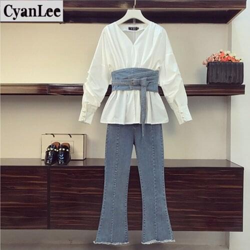 Cyanlee Design 2 Piece Set Women High Quality V-neck Lantern Sleeve White Tshirt And Denim Pants Suits With Free Cowboy Girdle