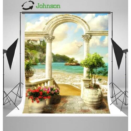 Arch Greek Column Sea Beach Flower Leaves Coastal Patio photo backdrop Vinyl cloth Computer print wedding background