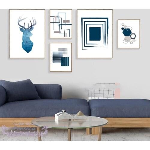 Geometric Deer Canvas Painting Nordic Minimalist Wall Art Pictures Modern Home Decoration Blue Block Poster for Living Room