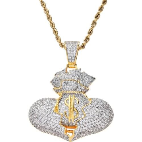 Iced Out Purse Broke Heart Pendant Necklaces For Men Women Micro Pave Zircon Necklaces Hip Hop Charm Chain Jewelry Gifts