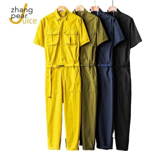 Men Jumpsuits Joggers Lapel Short Sleeve Buttons Rompers Streetwear Men Cargo Overalls Pants S-5XL