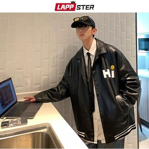 LAPPSTER Men Oversized Leather Harajuku Bomber Jackets 2021 Mens Japanese Streetwear Windbreaker Jacket Man Kpop Varsity Jackets