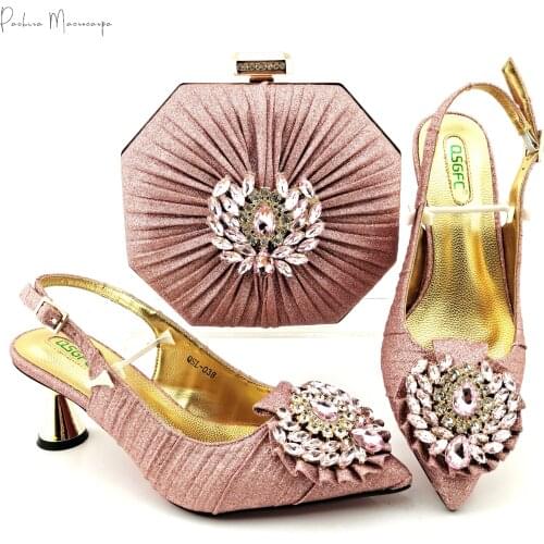 African Hot Selling Italian Design Noble Party Wedding Women Shoes and Bag Set Wuth Colorful Crystal Decoration in Pink Color