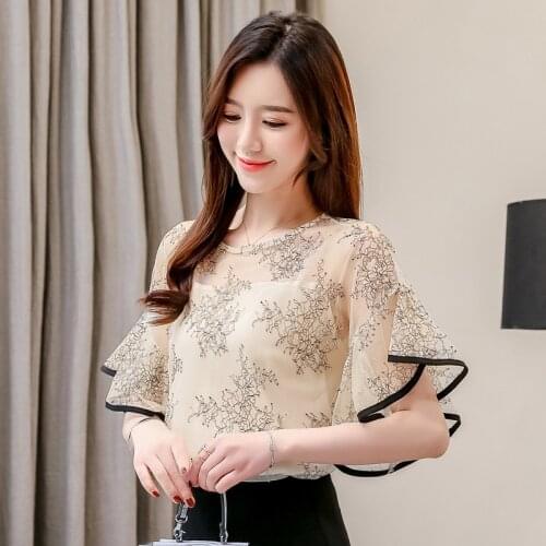Fashion Lace Chiffon Women Shirt O-neck 2021 Summer Perspective Short Sleeve Printed Casual Sexy Hollow Out Chic Crop Top
