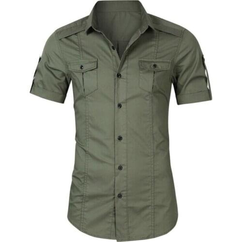 Mens Double Pockets Top Casual Military Dress Short Sleeve Cargo Shirt