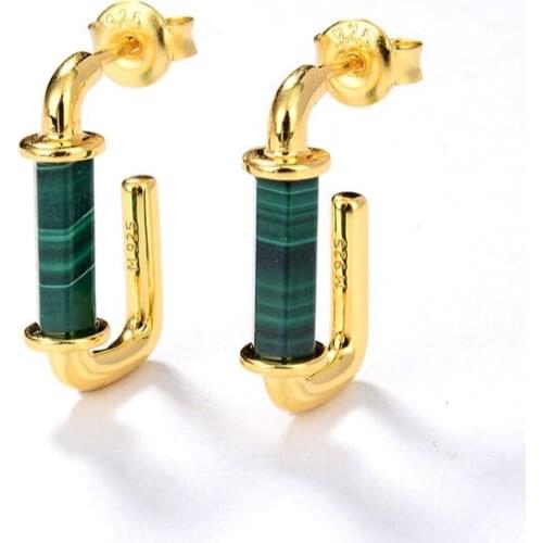 S925 silver green earrings fashion six diamond column natural green malachite earrings for men and women