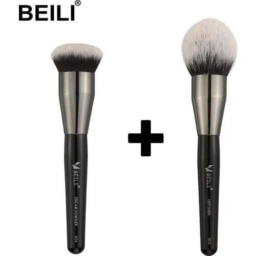 BEILI 2 pieces Synthetic hair Cream Powder Foundation Black Professional Makeup Brushes set 804#803