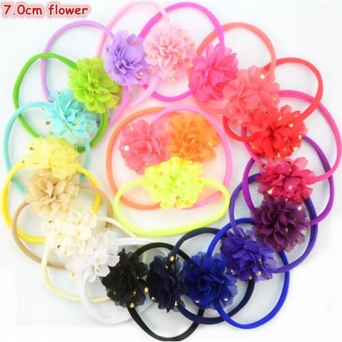 Wholesale 120pcs/lot Summer Style Colorful Elastic Nylon Headband with 7.0cm Gold Polka Dot Chiffon Flower 22 Colors FDA129