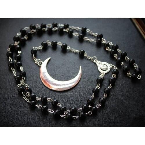Long Gothic Crescent Moon Pentagram Necklace.Spirit Moon Rosary Necklace Wicca Pagan Rosary Black Beads Charm Jewelry