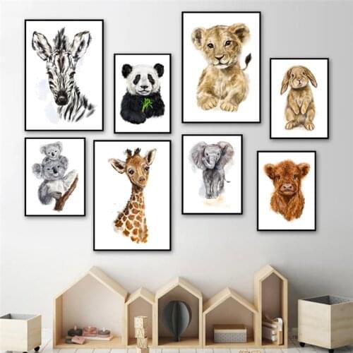 Panda Zebra Rabbit Lion Giraffe Wall Art Canvas Painting Cartoon Nordic Posters And Prints Wall Pictures For Kids Room Decor