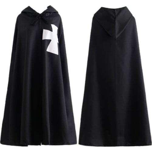 Popular Medieval Cosplay Warrior Male Cloak Templar Knight Cloak Robe Knight Medieval Cloak Black and White Cosplay Cloak