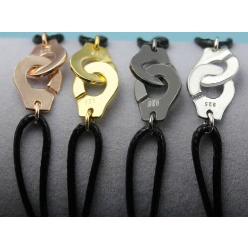 France Popular 925 Sterling Silver Handcuff Bracelet For Women With Black Rope 925 Silver Bracelet Menottes Only 925 Stamp