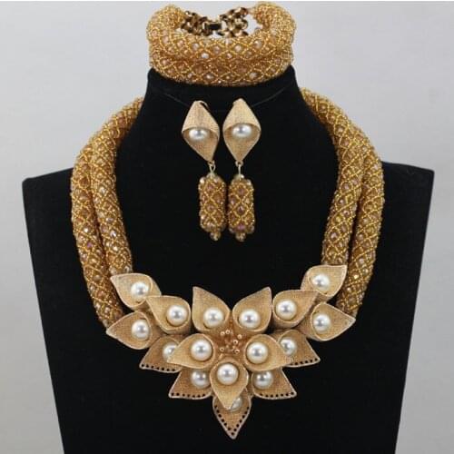 Luxury Champagne Gold Wedding Bib Statement Necklace Set Big Pendant Women Party Jewelry Set Free Shipping WD234