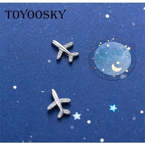 New Design 100% 925 Sterling Silver Aircraft Airplane Plane Stud Earrings With CZ Zircon Handmade Contracted Jewelry