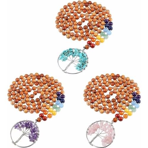 SUNYIK 108 Tibetan Buddhist Reiki 7 Chakra 8mm Wood Prayer Beads Mala Bracelet Necklace Tree of Life Charms