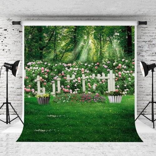 VinylBDS Spring Forest Fairy Tale Photography Backdrop For Photo Flower Fence Photo Backdrops Green Cotton Washable Backdrop