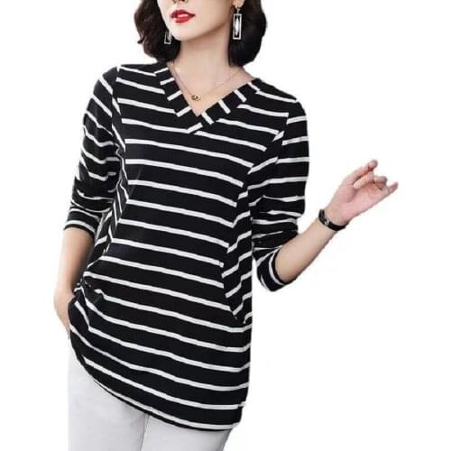 2021 Autumn Spring New V Neck Polyester Woman long sleeve t-shirts Fashion Korean Style Striped Oversized t shirt