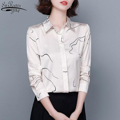 Office Printed Long Sleeve Women Blouse 2021 Autumn New Silk Beige Shirt Women Plus Size Cardigan Ladies Tops Blusas 10459