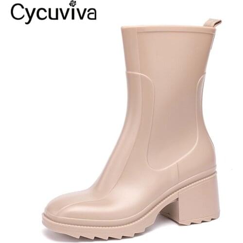 New PVC Black Rain Boots Women Chunky High Heel Ankle Boots Designer Rubber Chelsea Boots Ladies Platform Rain Shoes for Women