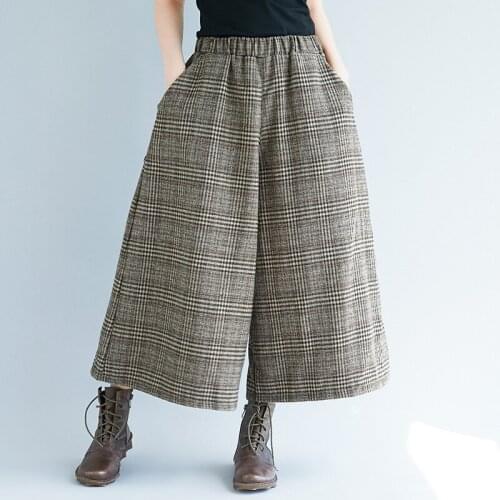 Plus Size Wide Leg Loose Plaid Women Pants Elastic Waist Calf-Length 2019 New Casual Office Lady Women Pants RE2232