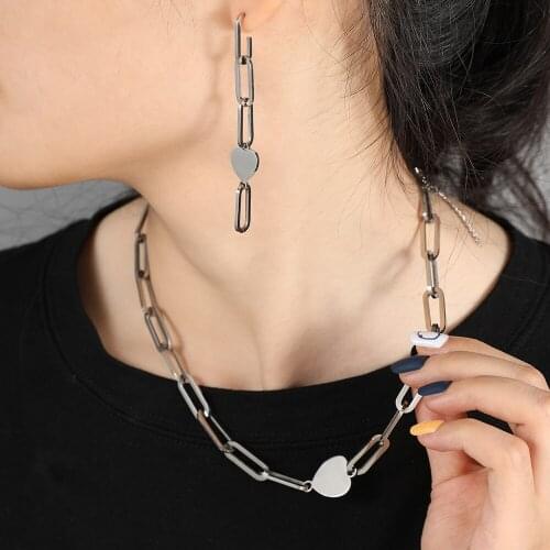 Fashion Stainless Steel Big Chain Heart Necklace Earrings Silver Color Hip-hop Collar Chain Set For Womens Gfits Chic Jewelry