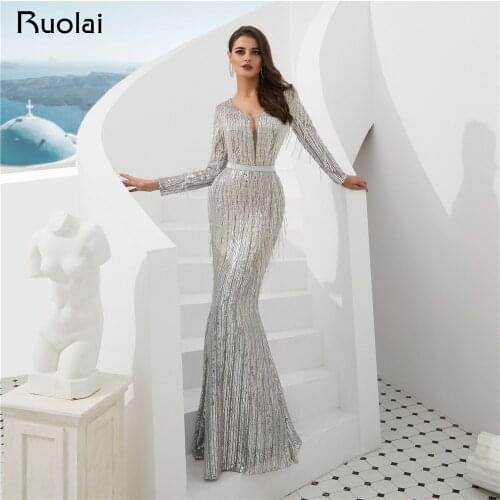 2020 Mermaid Evening Dress Long Sleeves V-Neck Tassel Women Evening Gown Silver Prom Dress Vestido de Fietsa SN7