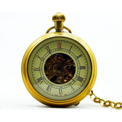 Golden Men Women Fashion Hollow Skeleton Steampunk Hand Wind Mechanical Noman Number Pocket Watch