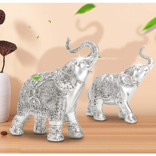 FASHION 2PCS/SET SILVER POLYRESIN ORNATE ELEPHANT STATUE LUCKY FIGURINE SCULPTURES ORNAMENTS FOR HOME OFFICE DECOR CRAFTS GIFT