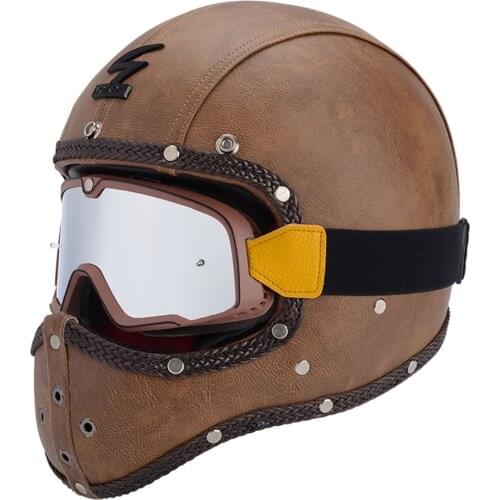 2020 New Vintage Full Face Motorbike Helmet Leather Cafe Racer Cross Country Motorcycle Full Face Helmet Retro capacete de moto